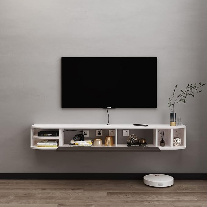 Pmnianhua Modern Floating TV Stand,55'' Under TV Shelf for 60 inch TVs,Floating TV Console,Wall Mounted TV Cabinet,Entertainment Center with Storage for Bedroom Living Room(Gray-White)