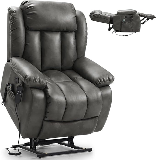 PARKOL Large Breathing Leather Infinite Position Power Lay Flat Lift Recliner Chairs for Elderly, Dual Motor with Massage and Heating, Extended Footrest,USB & Type-C Port and Remote, Sliver Gray