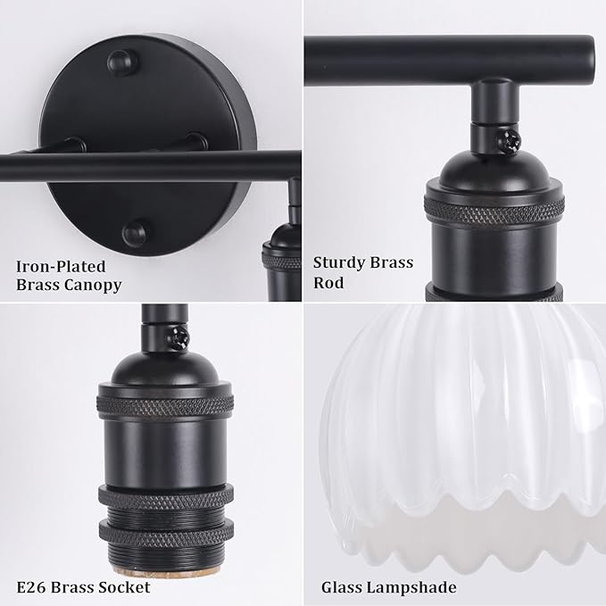 Bathroom Light Fixtures, 2-Light Black Vanity Wall Light Over Mirror with White Tulip Glass Shade for Bedroom Living Room