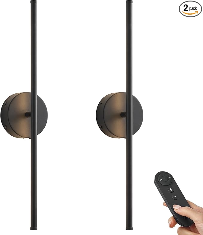 Battery Operated Wall Sconces, Dimmable Wall Sconces Set of Two, 350°Rotate, 3000K LED Black Wireless Wall Light for Living Room, Bedroom,Hallway, 20.4 Inch (2 Pack)