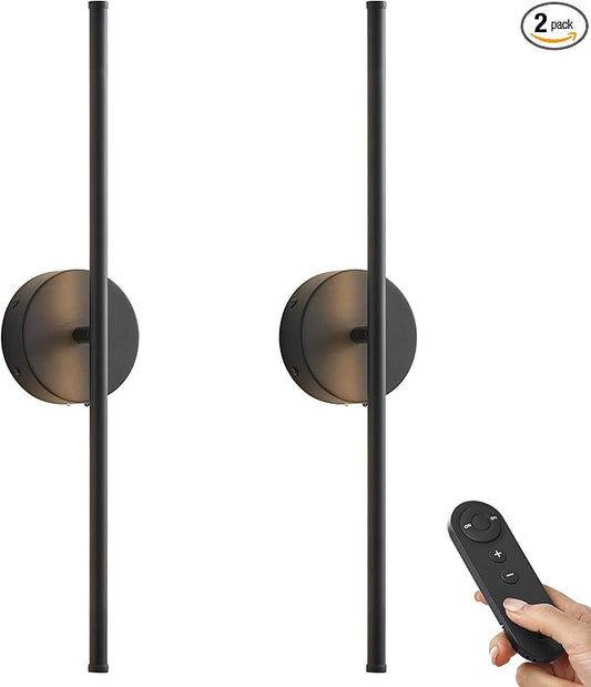 Battery Operated Wall Sconces, Dimmable Wall Sconces Set of Two, 350°Rotate, 3000K LED Black Wireless Wall Light for Living Room, Bedroom,Hallway, 20.4 Inch (2 Pack)