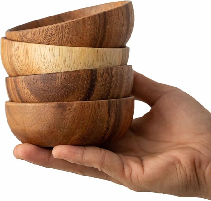 muso wood Wooden Dipping Bowls, 4 Pack Sauce Bowls, 2.5 oz Sauce Dish, Acacia Wood Sauce Bowls for Ketchup, Barbecue Sauce, Dressings, Appetizers