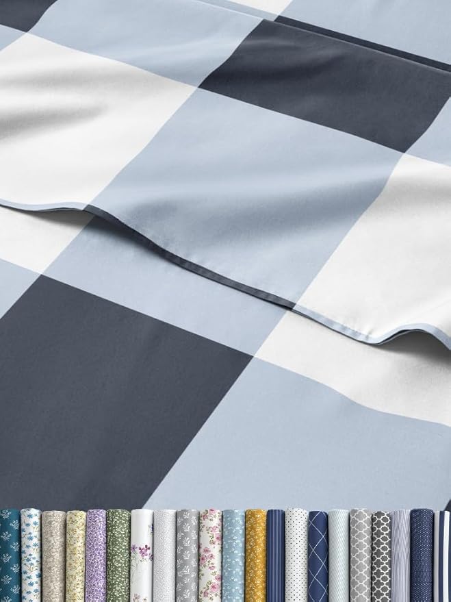 Blue Gingham Bed Sheet Set – 1 Flat & 1 Fitted Sheet & 2 Pillowcases w/ Deep Pockets – Grid, Plaid, Checkered Pattern Bedding - Wrinkle & Fade Resistant - Ultra-Soft, Breathable & Cooling - King Size