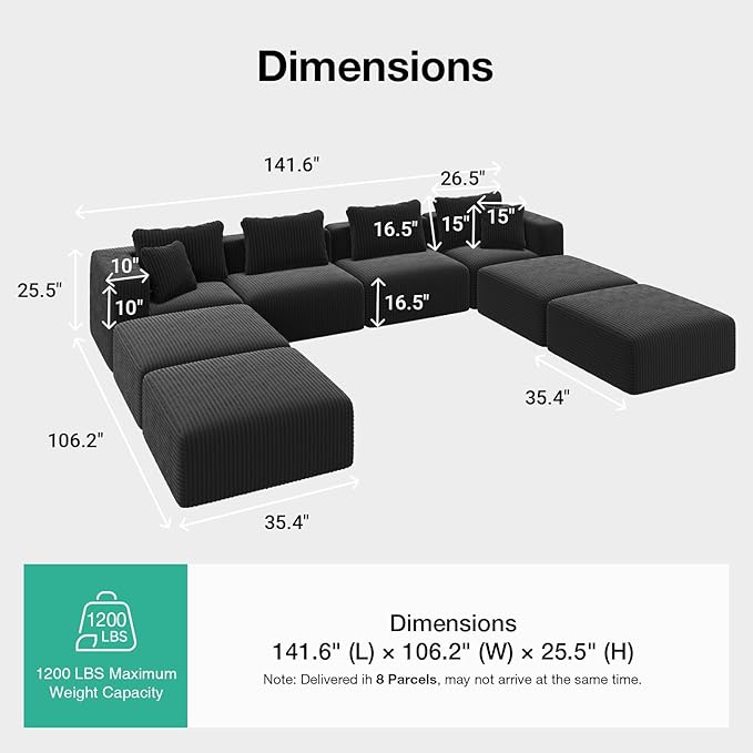 Novilla Modular Sectional Sofa, Modern Cloud Sectional Couch with Smarts Coil™ Support, U-Shape Boneless Couch for Living Room Apartments Bedroom, No Assembly Required (4 Seater + 4 Ottoman)