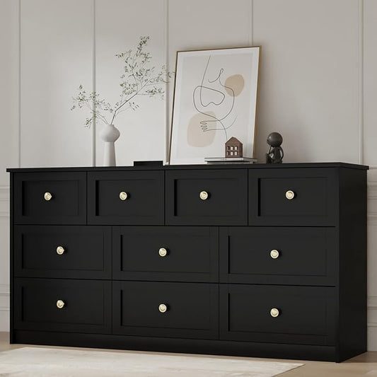 59.1" Wide Dressers & Chests of Drawers with Large Capacity Storage, Large Wooden Storage Organizer 10 Drawer Dresser for Bedroom（Black）