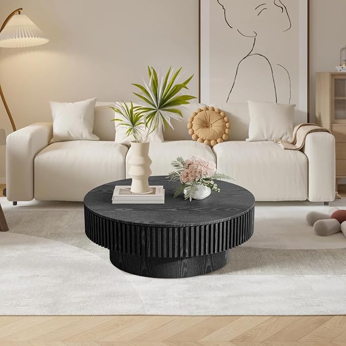 Round Coffee Table for Living Room, Accent Fluted Drum Coffee Table with Storage, Modern Solid Wood Veneered Circle Center Tea Table for Small Space Apartment (31.5''D×14''H-Black)