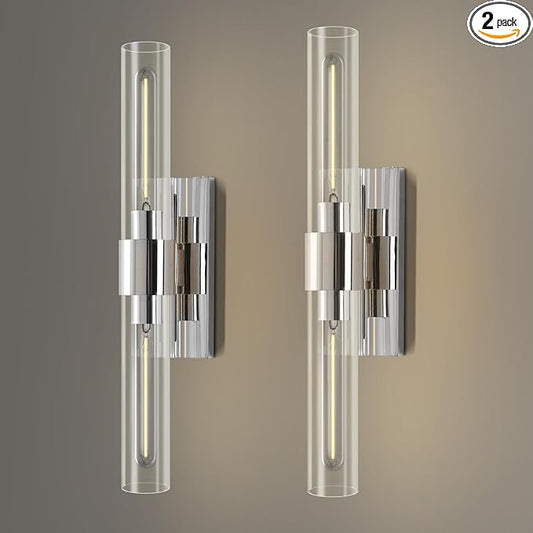 Wall Sconces Set of Two 22.8" Indoor Wall Light Fixtures, Nickel Bathroom Vanity Light Fixtures with Clear Glass, Modern Wall Lamp for Bathroom Living Room Bedroom Hallway(Bulb Included)