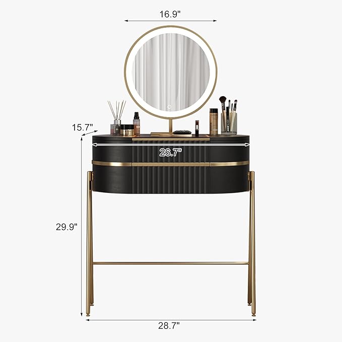 Makeup Vanity with Mirror and Lights - with LED Mirror,Very Easy to Assemble,Glass Top for Bedroom,Stainless Steel Foot