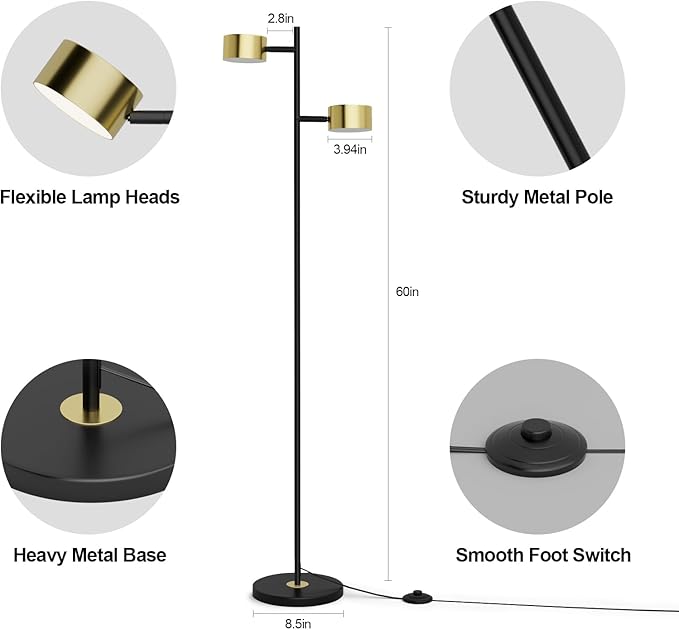 LED Floor Reading Lamp with 3 Color Temperatures, Adjustable Heads Standing Lamp for Living Room Bedroom Office, Minimalist Floor Lamp with Foot Switch, Black