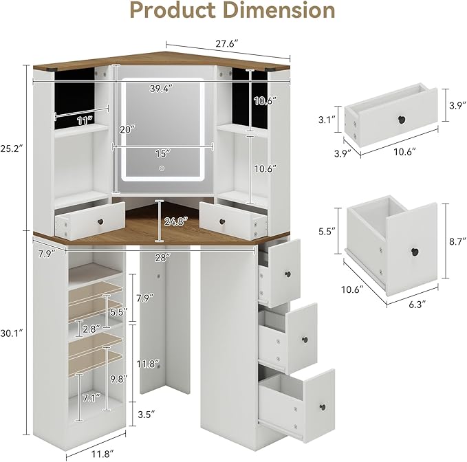 ARTETHYS Corner Vanity Desk with Mirror and Lights Makeup Table with Storage Large Farmhouse Vanity Sets with Drawers for Women, White