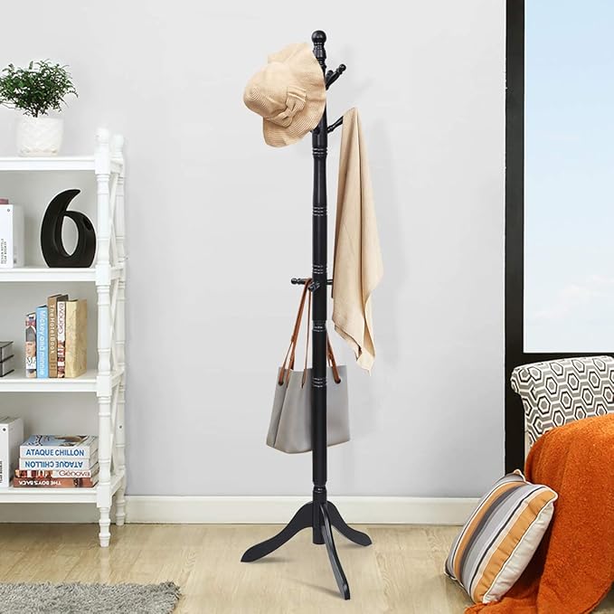 Tangkula Wood Coat Rack Freestanding, Entryway Height Adjustable Coat Stand with 9 Hooks & Stable Tri-Legged Base, Rubber Wood Coat Tree Hall Tree Coat Hanger Stand for Home Office Hall Entryway