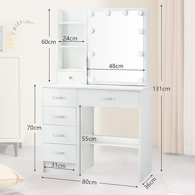 Vanity Desk with Mirror and Lights, White Makeup Vanity with Power Outlet and 3 Lighting Modes, Vanity Table with 6 Drawers, Storage Shelves and Vanity Stool, Dressing Table for Girls, White
