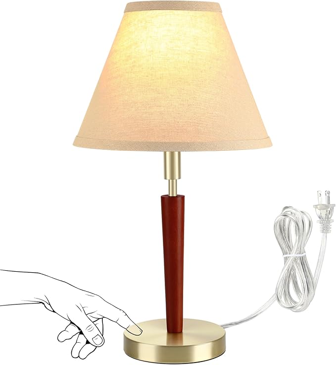 Touch Control Mid-Century Modern Table Lamp, 3-Way Dimmable Bedside Lamp with Gold Base and Wood Pole for Bedroom, Living Room, Nightstand, Office