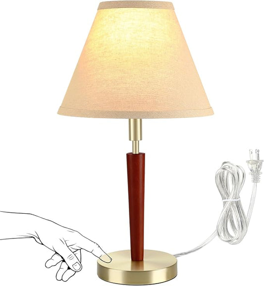 Touch Control Mid-Century Modern Table Lamp, 3-Way Dimmable Bedside Lamp with Gold Base and Wood Pole for Bedroom, Living Room, Nightstand, Office