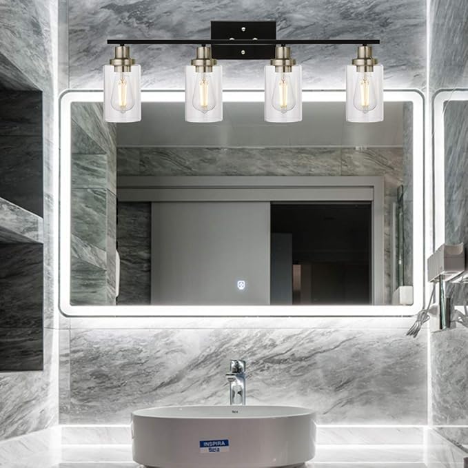 MELUCEE 4-Light Modern Vanity Lights with Clear Glass Shade, Black Bathroom Lighting Fixtures Over Mirror Brushed Nickel Wall Mount Lamp for Vanity Table Mirror Cabinets (Patent No.: US D963914 S)