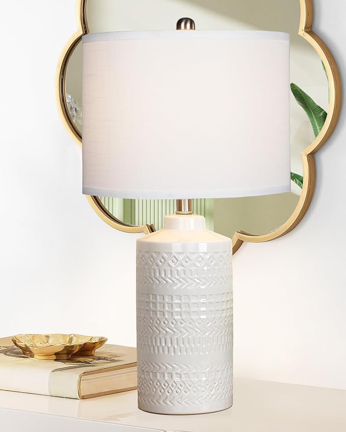 24.5" White Ceramic Table Lamp 3-Way Dimmable Nightstand with White Linen Shade Bedside Lamp for Bedrooms & Living Room Office Reading(Bulb Included)