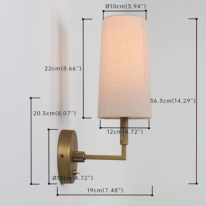 Brass Wall Sconces Set of Two, Hardwired Linen Fabric Shade Wall Lamps, Bathroom Vanity Lights Fixture with Switch, Indoor Wall Lights for Bedroom Living Room Corridor