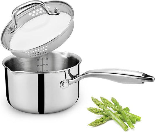 Cyrosa 3.5 Quart Stainless Steel Saucepan with Strainer Lid, Sauce Pot Sauce Pan for Stove Top, Two Side Spouts for Easy Pour, Dishwasher Safe