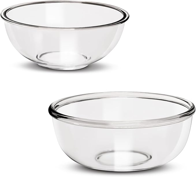 Large Borosilicate Glass Mixing Bowls Set of 2 (6.4Qt, 3.7Qt) - Nesting & Lead-Free, Microwave, Dishwasher, Oven & Freezer Safe - for Baking, Meal Prep, Serving
