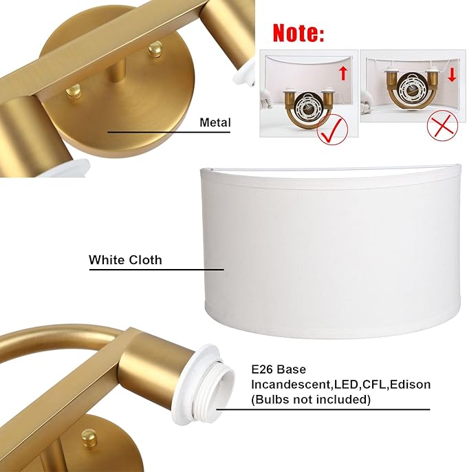 Yosoan White Fabric Cloth Boho Aged Brass Gold Wall Sconce Stairwell Fixture Light, 2-Light Dual Indoor Hardwired Vanity Vintage Wall Mount Lamp Antique Metal Base Semicircle Shade Lamp for Hallway