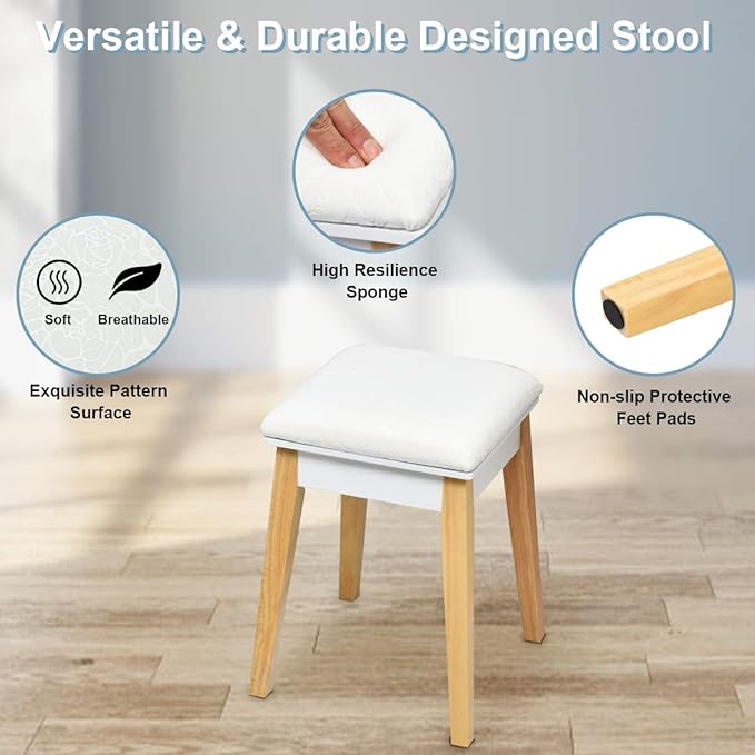 CHARMAID Vanity Table with Flip Top Mirror and Stool, Wooden Makeup Table Writing Desk with Drawer, Storage Compartment, Bedroom White Dressing Vanity Set for Kids Girls Women, Easy Assembly