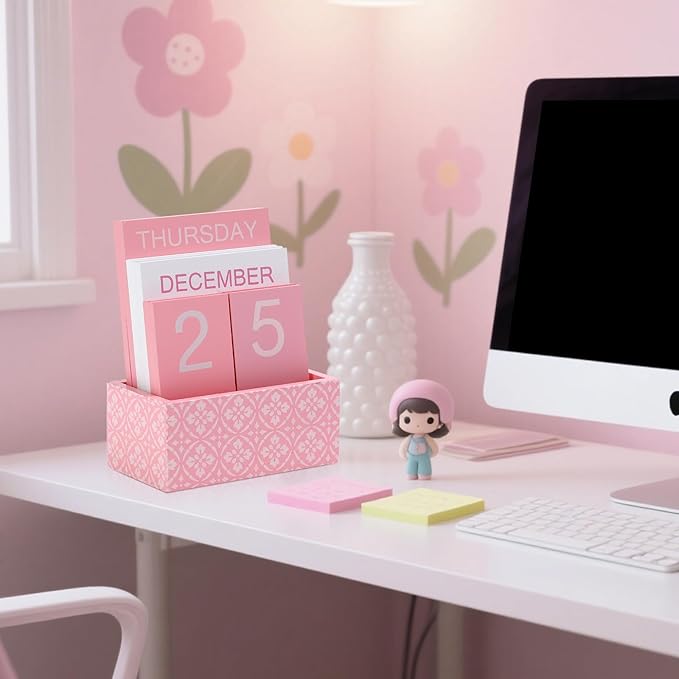 Wooden Block Perpetual Calendar for Desk, Cute Desk Accessories Pink, Flip Calendar for Office Classroom Preppy Room Decor