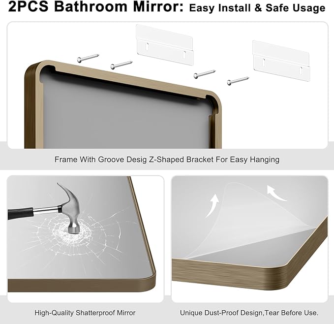 Bathroom Mirrors for Over Sink,2Pcs 24x36Inch Vanity Mirrors for Wall,Bronze Metal Frame Rectangle Mirrors for Bathroom Vertically Restroom,Hangs Horizontally or Farmhouse