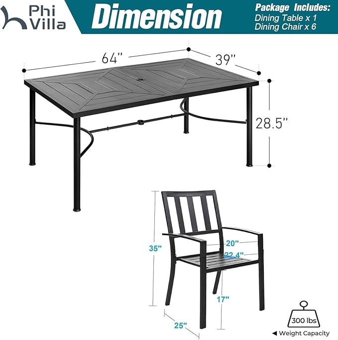 PHI VILLA 7 Piece Outdoor Dining Set for 6, 64" Metal Steel Dining Table with Umbrella Hole & Black Stacking Dining Chairs for Patio, Yard, Porch, Deck