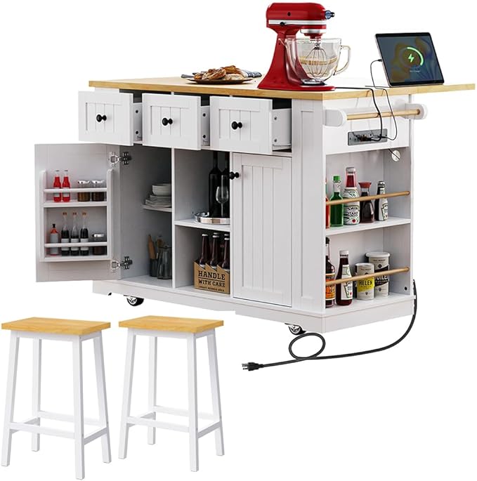 Rolling Kitchen Island with 2 Bar Stools, Kitchen Cart on Wheels with Drop Leaf, Mobile Kitchen Storage Cart with Power Outlet, 53 Inch Width (with 2 Bar Stools: White)
