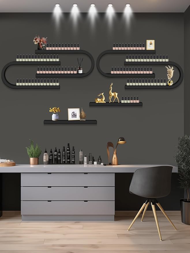 EBANKU 6PCS U Shape Nail Polish Racks Heavy Duty Nail Shelfs for Wall Nail Polish Display Rack Cosmetic Display Cases Nail Polish Organizer Wall Shelf for Home Spa Nail Salon(Black)