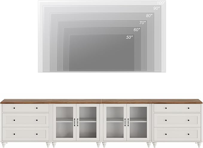 Wampat Modern TV Stand for TVs up to 110 inch, 4 in 1 Entertainment Center with Storage Cabinets and 4 Glass Door, Media Console with 6 Drawer Dresser for Living Room, White