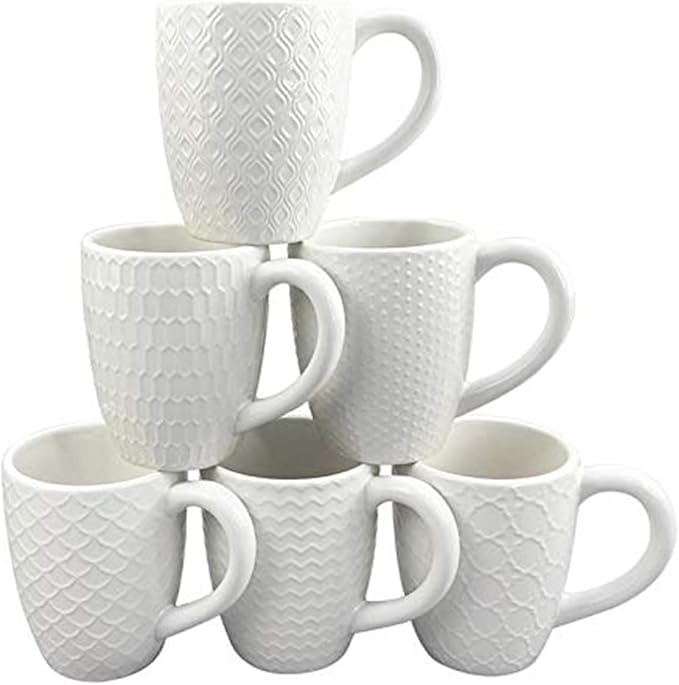 Schliersee 16 OZ Coffee Mugs Set of 6, White Ceramic Coffee Mug, Geometric Pattern Coffee Cups for Latte, Hot Tea, Cappuccino, Mocha, Cocoa, Espresso cups