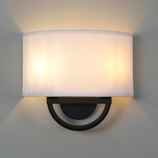 Yosoan White Boho Wall Sconce Bedisde Fixture Light, 2-Light Dual Indoor Hardwired Vanity Vintage Industrial Wall Mount Lighting Semicircle Fabric Lamp Shade for Hallway Bedroom Corridor Study Gallery