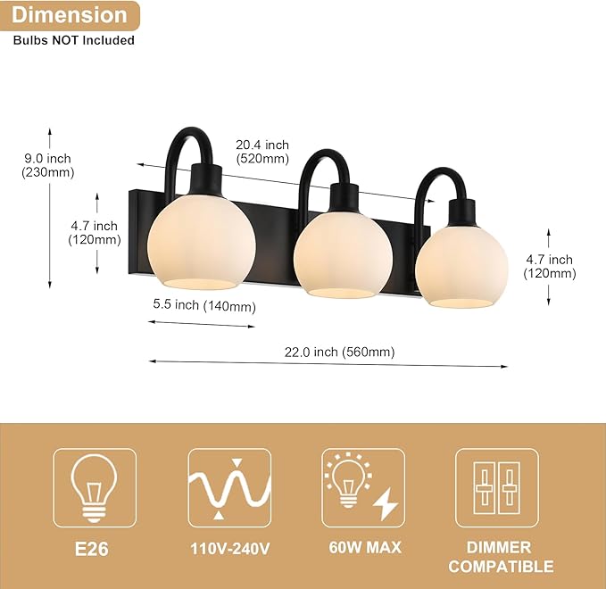 20.4 Inch Bathroom Vanity Light, 3-Light Black Vanity Lighting Fixture Over Mirror, Modern Wall Mounted Lamp with Milk White Globe Glass Shade