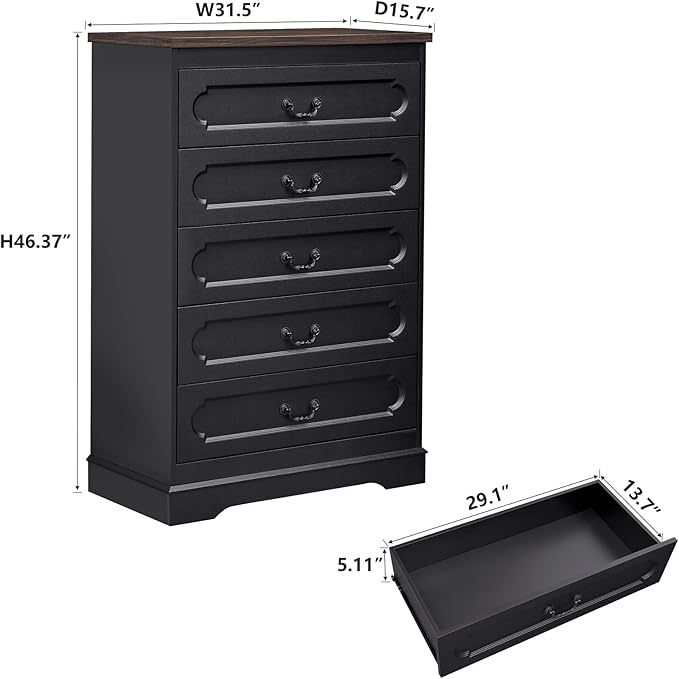 LIDYUK 5 Drawer Dresser for Bedroom Farmhouse Black Wood Chest of Drawers for Bedroom Dresser, Rustic 46" Tall Wide Drawers Dressers Wooden Closet Storage Cabinet, Hallway, Living Room