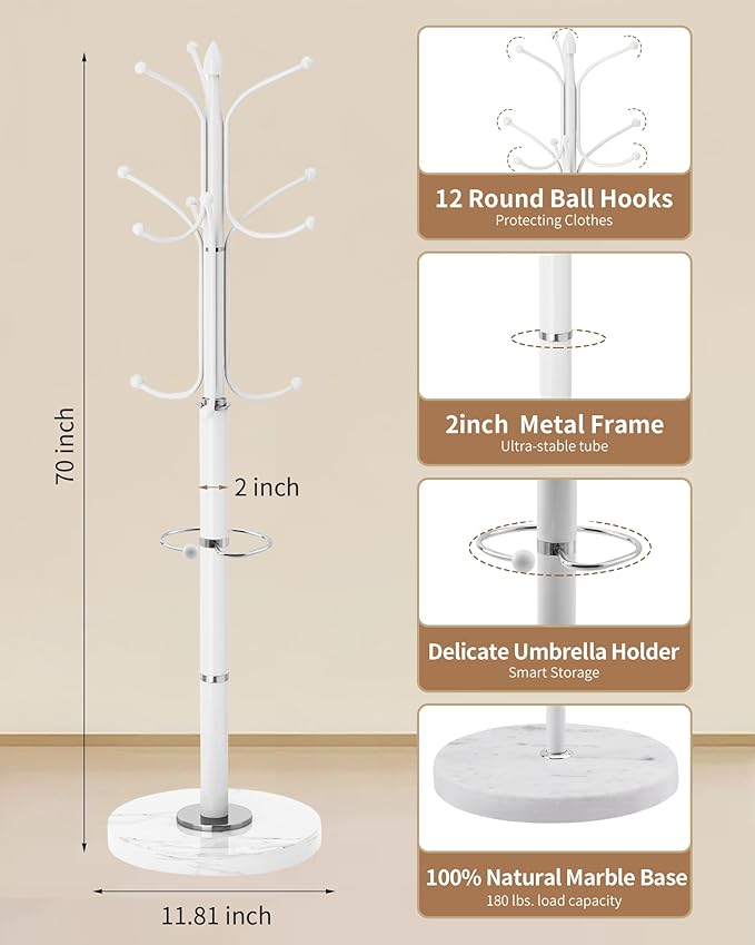 EZIVIEZ Modern Coat Rack Stand, Metal Freestanding Coat Rack with Natural Marble Base, Heavy-Duty Coat Racks with Umbrella Holder,White Coat Hanger Stand with 12 Hooks for Office, Entryway, Hallway