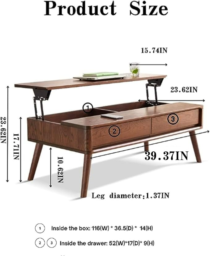 Oak Wood Lift Top Coffee Table with Storage, Mid-Century Modern Rectangle Coffee Tables for Living Room,Wooden Walnut Coffee Table for Dining,Working,Playing Games Desk