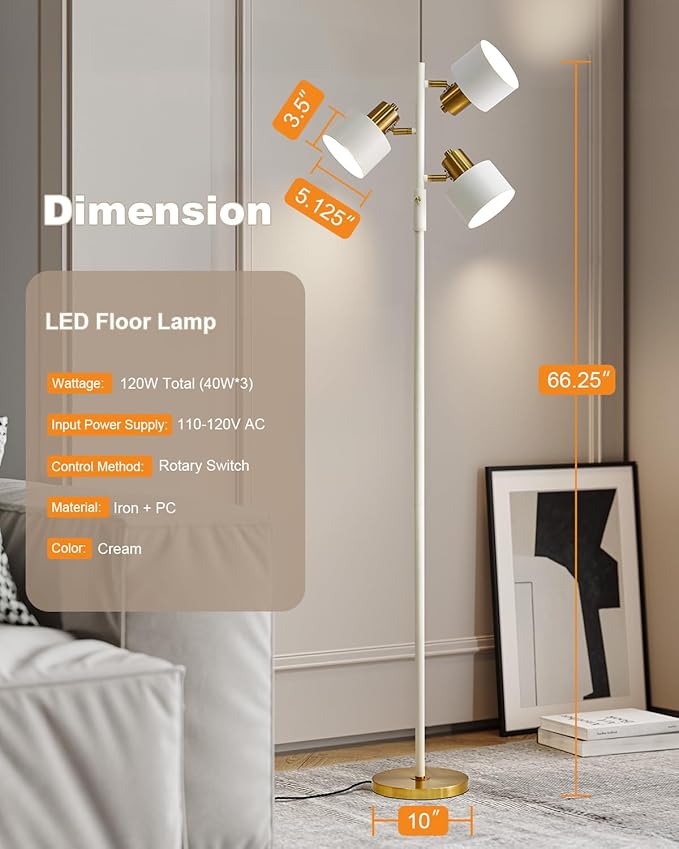 OYEARS Floor Lamp for Living Room Bright Lighting Tall Modern Industrial Vintage Standing Corner Lamps LED Metal Light Office Bedroom Study Gold Black Cream Matte Accent (3-Light, Cream)