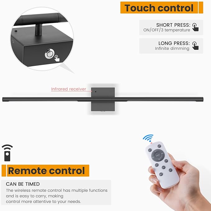 NIORSUN 35 Inch Battery Operated Wall Sconce Set of 2, 360° Rotation Black Rechargeable Wall Lights with Detachable Tube and Remote, 3CCT Dimmable Wireless Wall Lamp for Living Room Bedroom Hallway