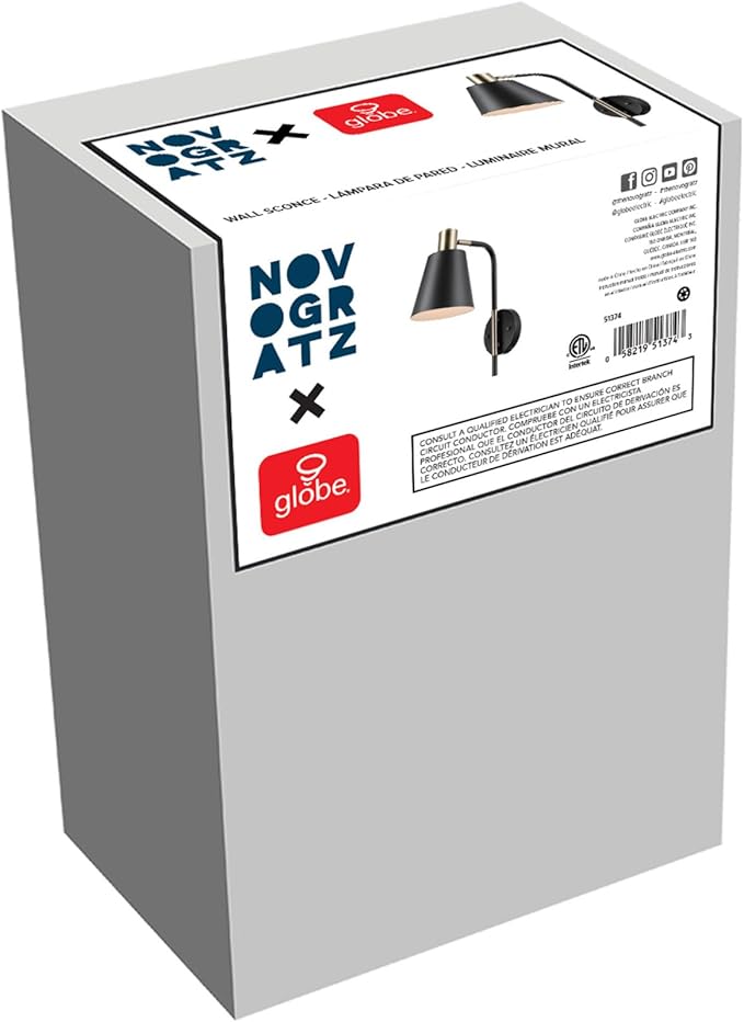 GLOBE Electric 51374 Cleo 1-Light Plug-in or Hardwire Wall Sconce, Matte, Antique Brass Accents, Black Cloth Cord, 14.44