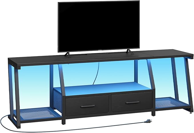 LED TV Stand with Fabric Drawers for 75 Inch TV, Entertainment Center with Power Outlets and Open Storage Shelves, Industrial Media TV Console Table for Living Room, Bedroom, Black