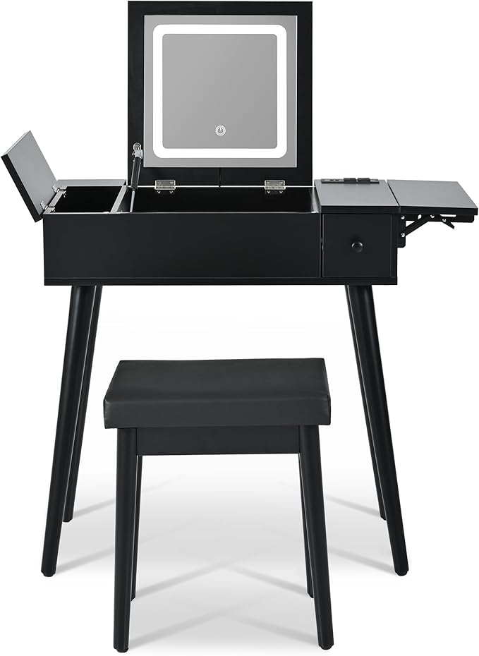 Black Makeup Vanity Desk with Flip Top Mirror and LED Light, Dressing Table Set with Cushioned Stool, Charging Station, 2 Drawers and Fold-up Panel for Bedroom ﻿