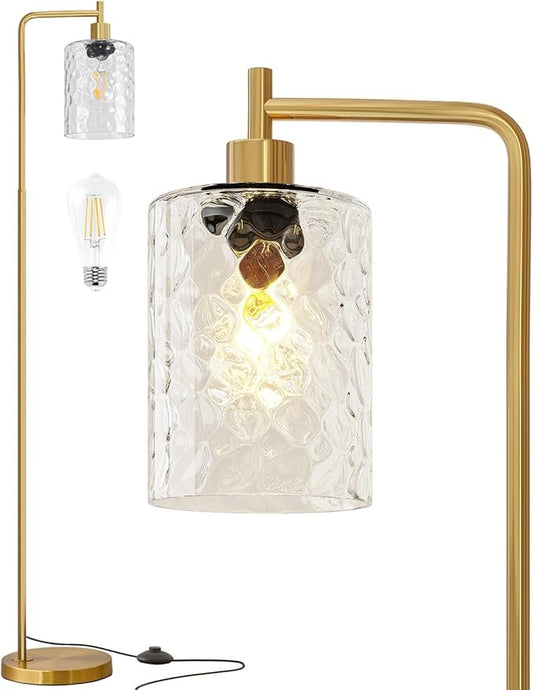 Oneach 66" Gold Floor Lamp for Living Room, Industrial Floor Lamp with LED Bulb, Glass Shade, Foot Switch, Morden Tall Farmhouse Standing Lamps for Bedroom, Office, Study Room