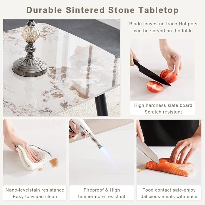 50" Modern Sintered Stone Dining Table Set 5 Pieces Rectangular Faux Marble Kitchen Table with 4 PU Leather Chair Dinner Set(1Faux Marble Table+4White Gray Chairs)