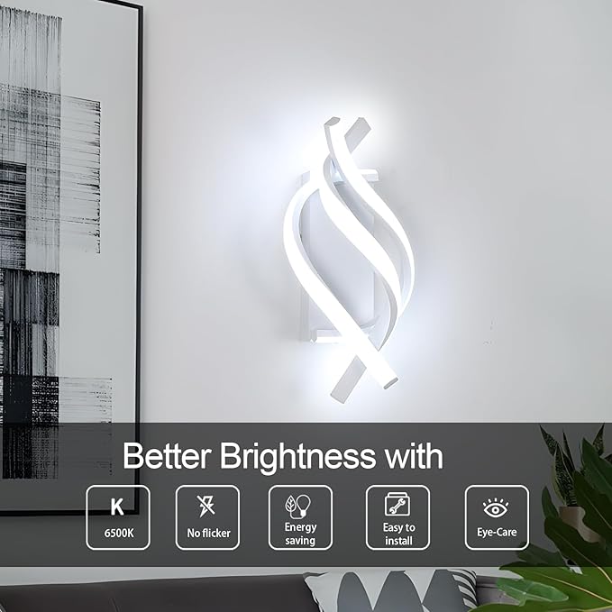 AUA LED Wall Sconce, 21W Modern Spiral Wall Sconce Lighting, 6500K Cool White Indoor Wall Light for Bedroom Living Room Office Restaurant Hallway, Wall Mounted Lamp