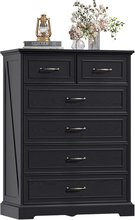Dresser for Bedroom with 6 Drawer, 43'' Tall Dresser for Closet, Farmhouse Wooden Chest of Drawers with Natural Wood Texture, Vintage Storage Organizer for Living Room, Hallway, Black