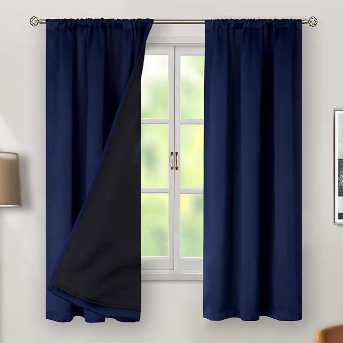 BGment Navy Blue 100% Blackout Curtains 63 Inches Long with Thermal Insulated Liner, Rod Pocket and Back Tab Double Layer Full Room Darkening Window Curtain for Bedroom, 2 Panels,Each 38 x 63 Inch