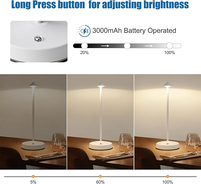 Rechargeable Table Lamp Cordless,3000 Mah Battery Powered Lamp 2 Level Dimmable Table Lamps Mini Table Lamp in Aluminium 3000k Touch Lamp Cordless Table Lamps for Indoor & Outdoor (White)