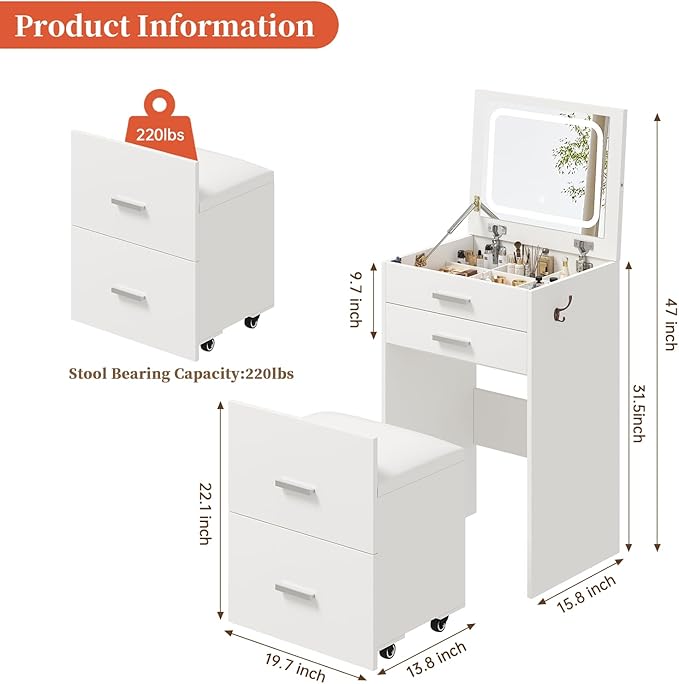 Compact Vanity with 3 Drawers, 3 in 1 Vanity Desk, Makeup Desk with Flip-up 3 Colors Lighting Mirror and Cushioned Stool, Small Vanities Nightstand Perfect for Bedroom, White