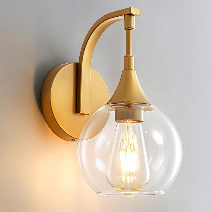 Gold Wall Sconce,1-Light Bathroom Vanity Lights Modern Wall Light Fixture with 4.9 Inches Clear Glass Shade, Wall Lamps for Bedroom Living Room Kitchen Stairway,E26